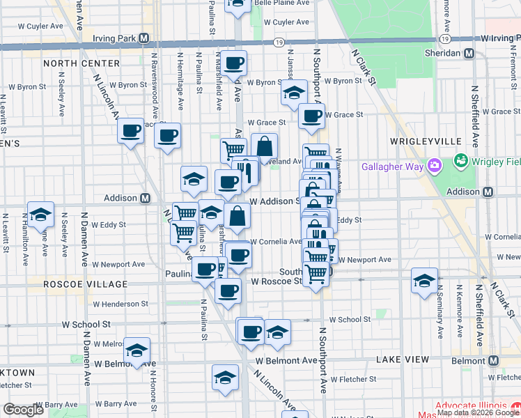 map of restaurants, bars, coffee shops, grocery stores, and more near 3550 North Bosworth Avenue in Chicago