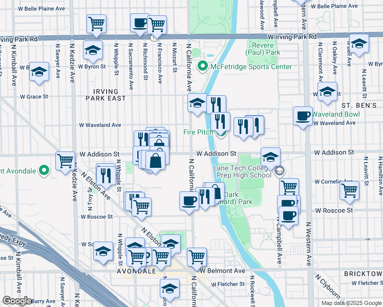 map of restaurants, bars, coffee shops, grocery stores, and more near West Addison Street & North California Avenue in Chicago