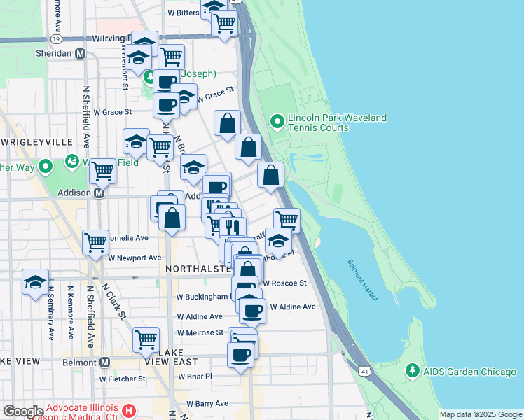 map of restaurants, bars, coffee shops, grocery stores, and more near 518 West Cornelia Avenue in Chicago