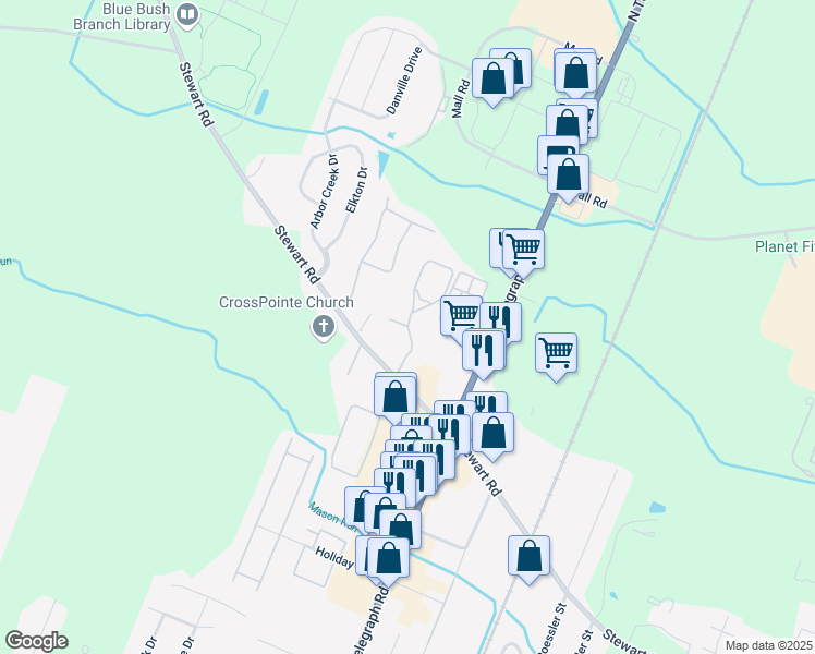 map of restaurants, bars, coffee shops, grocery stores, and more near 1621 Parkwest Drive in Monroe
