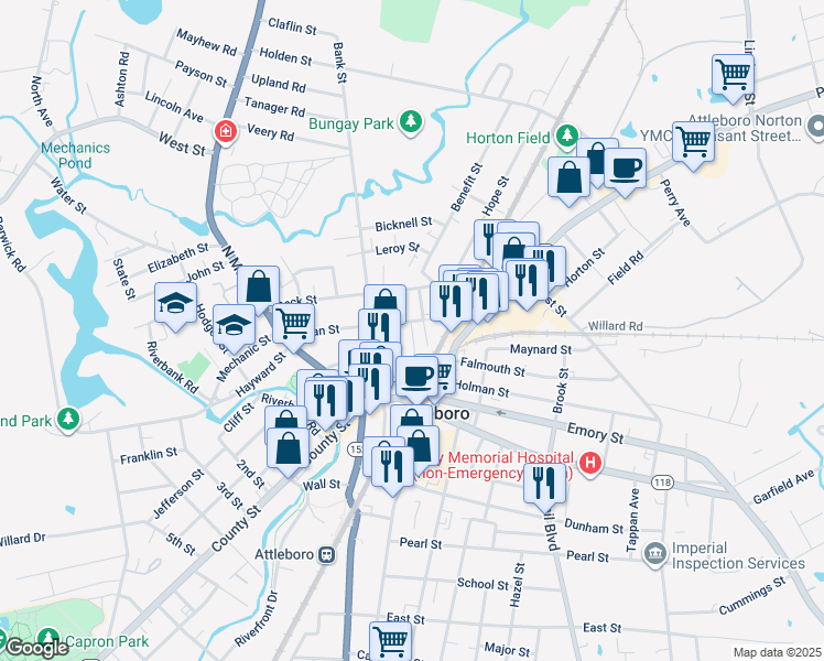 map of restaurants, bars, coffee shops, grocery stores, and more near 24 Perrin Street in Attleboro