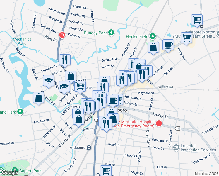 map of restaurants, bars, coffee shops, grocery stores, and more near 33 Bank Street in Attleboro