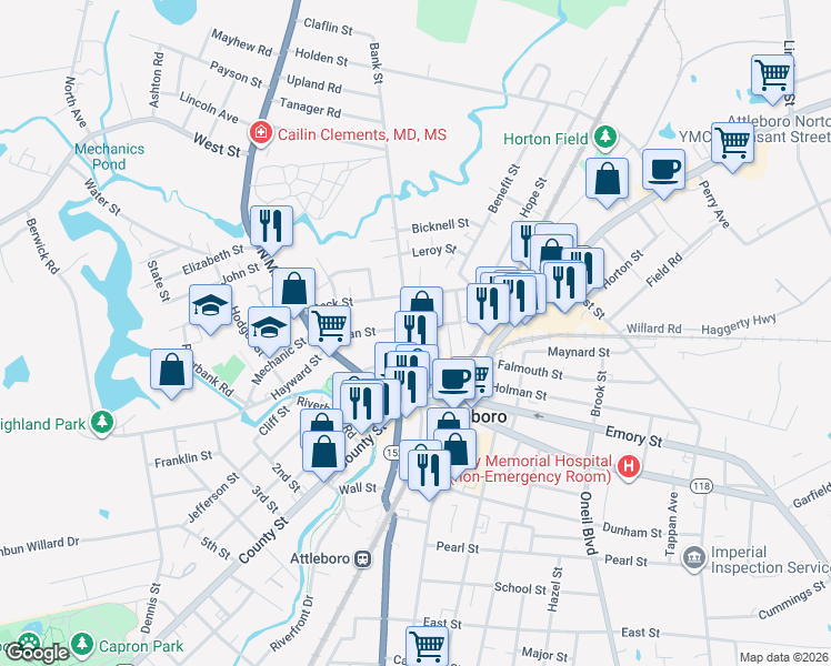 map of restaurants, bars, coffee shops, grocery stores, and more near 33 Bank Street in Attleboro
