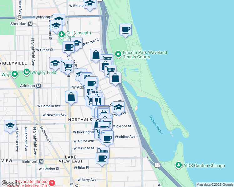 map of restaurants, bars, coffee shops, grocery stores, and more near 536 West Stratford Place in Chicago