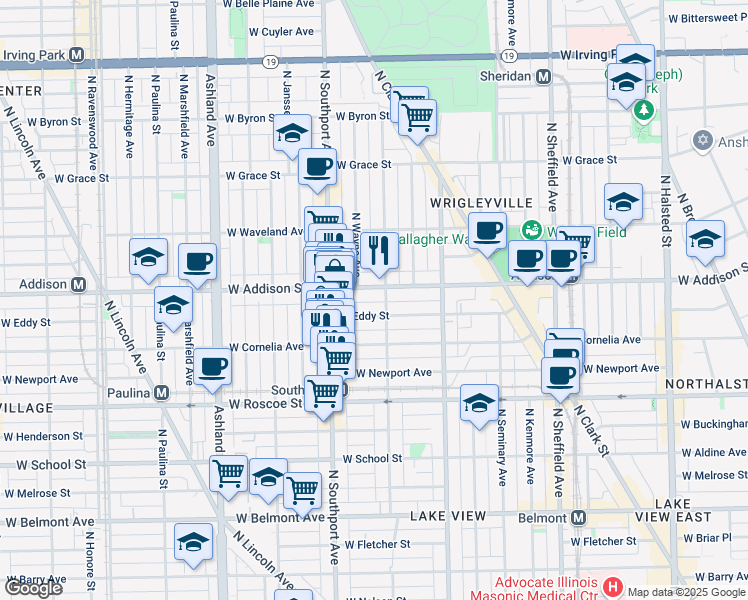 map of restaurants, bars, coffee shops, grocery stores, and more near 3517 North Lakewood Avenue in Chicago