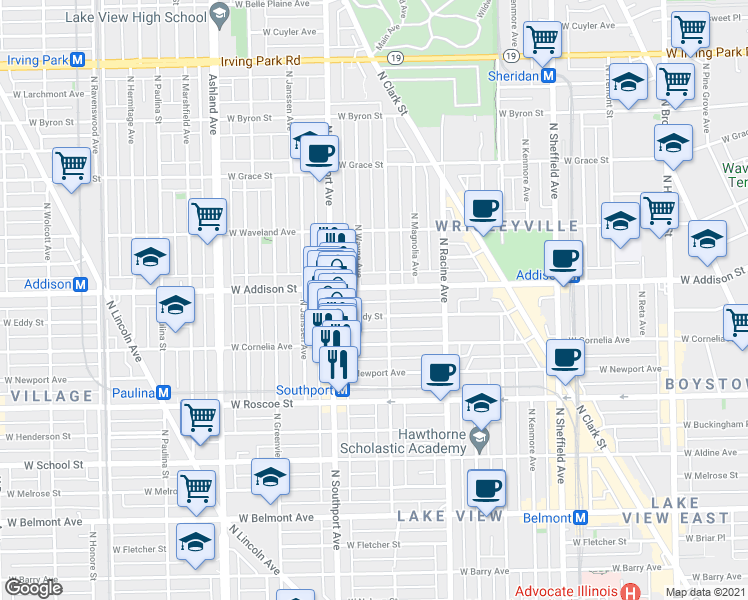 map of restaurants, bars, coffee shops, grocery stores, and more near 3517 North Lakewood Avenue in Chicago