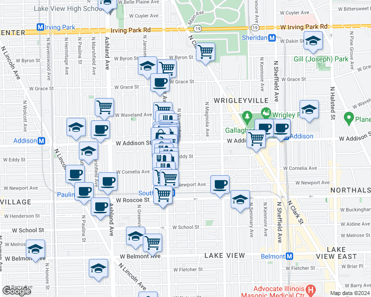 map of restaurants, bars, coffee shops, grocery stores, and more near 1333 West Eddy Street in Chicago