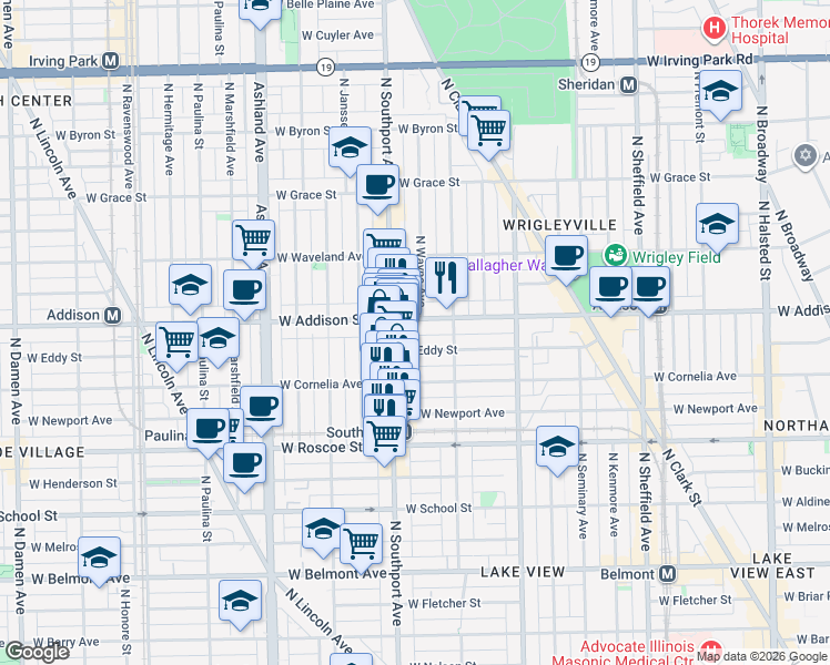 map of restaurants, bars, coffee shops, grocery stores, and more near 1333 West Eddy Street in Chicago