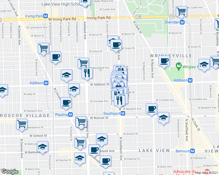 map of restaurants, bars, coffee shops, grocery stores, and more near 3525 North Greenview Avenue in Chicago
