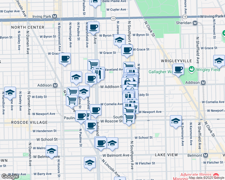 map of restaurants, bars, coffee shops, grocery stores, and more near 3525 North Greenview Avenue in Chicago