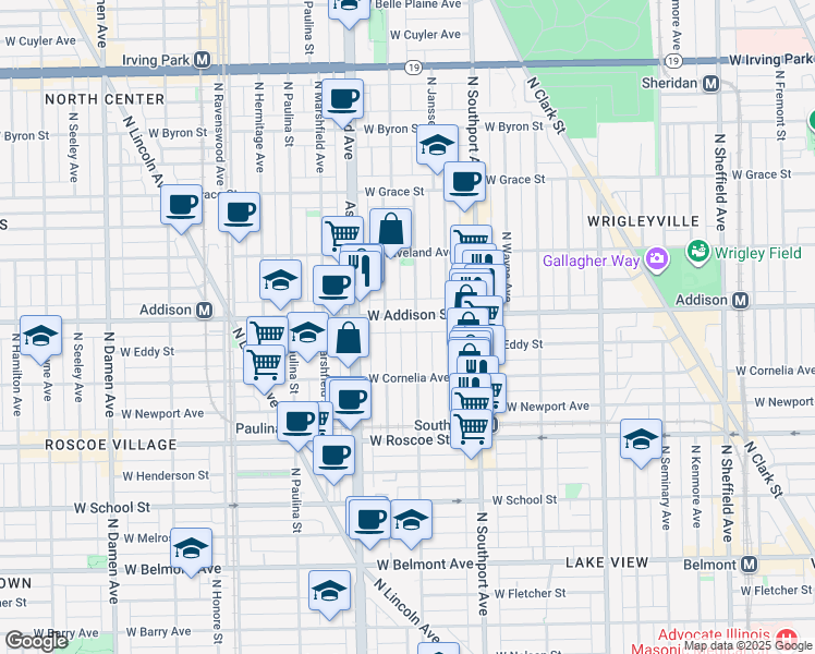 map of restaurants, bars, coffee shops, grocery stores, and more near 3527 North Bosworth Avenue in Chicago