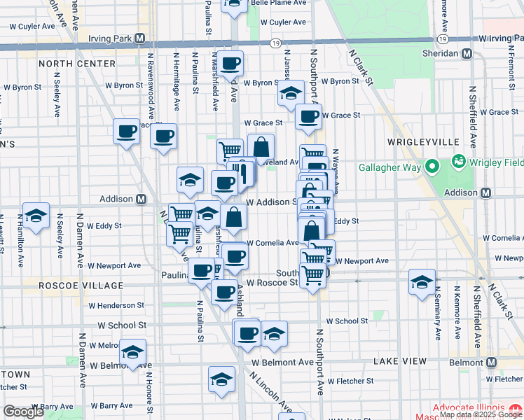 map of restaurants, bars, coffee shops, grocery stores, and more near 3527 North Bosworth Avenue in Chicago