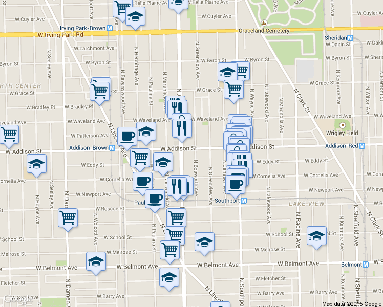 map of restaurants, bars, coffee shops, grocery stores, and more near 3527 North Bosworth Avenue in Chicago