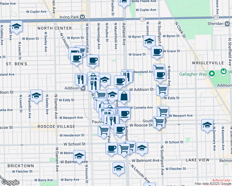 map of restaurants, bars, coffee shops, grocery stores, and more near 3524 North Marshfield Avenue in Chicago