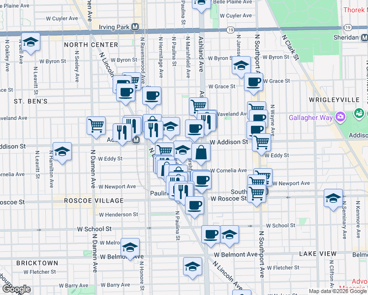 map of restaurants, bars, coffee shops, grocery stores, and more near 3524 North Marshfield Avenue in Chicago