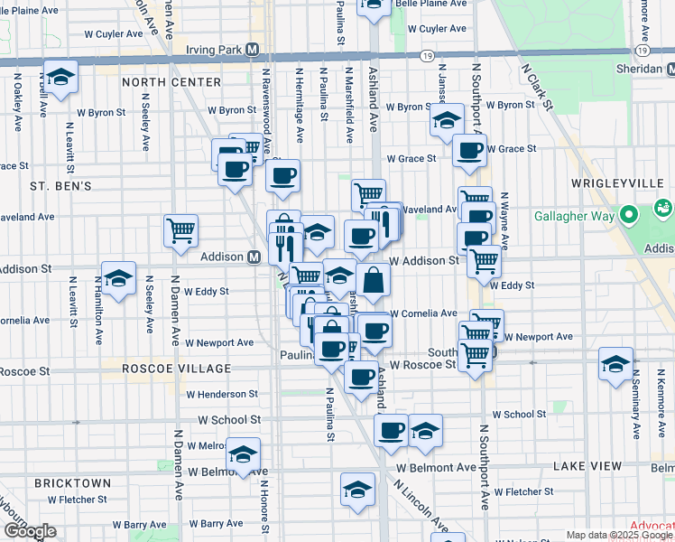 map of restaurants, bars, coffee shops, grocery stores, and more near 3524 North Marshfield Avenue in Chicago