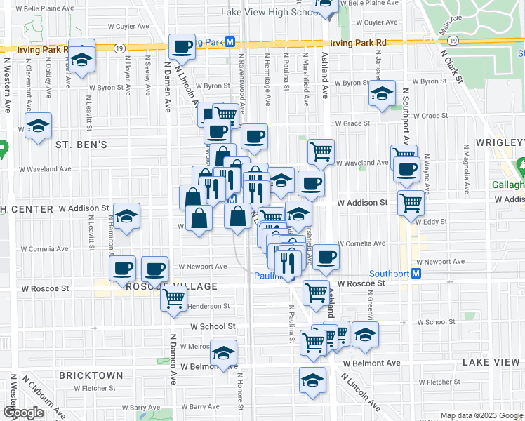map of restaurants, bars, coffee shops, grocery stores, and more near 3536 North Lincoln Avenue in Chicago