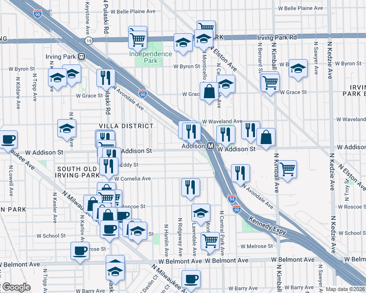 map of restaurants, bars, coffee shops, grocery stores, and more near 3736 West Eddy Street in Chicago