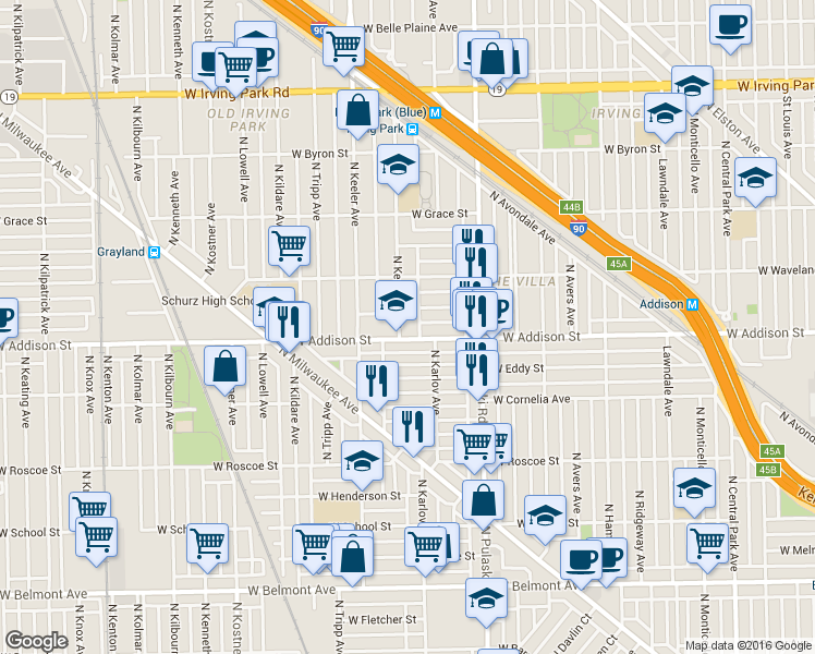 map of restaurants, bars, coffee shops, grocery stores, and more near 4133 West Addison Street in Chicago