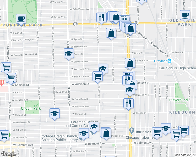 map of restaurants, bars, coffee shops, grocery stores, and more near 4947 West Addison Street in Chicago