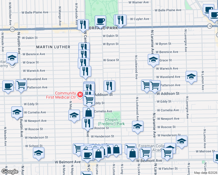 map of restaurants, bars, coffee shops, grocery stores, and more near 5444 West Addison Street in Chicago