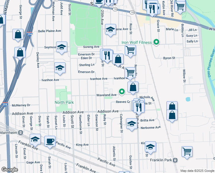 map of restaurants, bars, coffee shops, grocery stores, and more near 3719 25th Avenue in Schiller Park