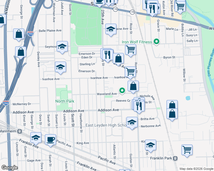 map of restaurants, bars, coffee shops, grocery stores, and more near 3719 25th Avenue in Schiller Park