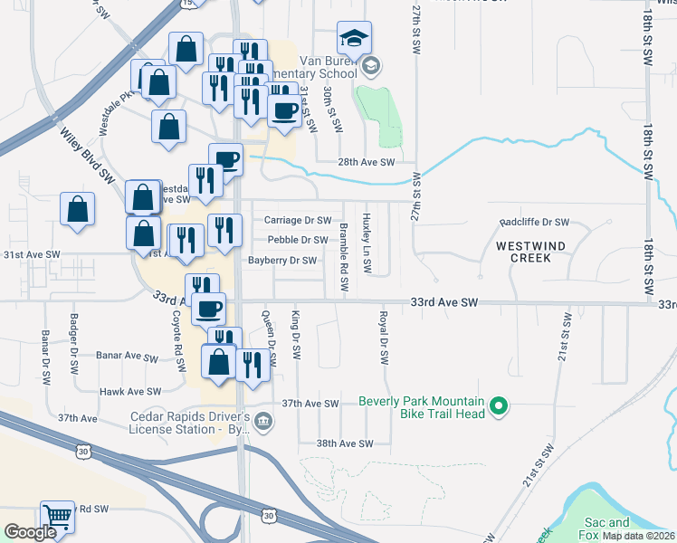 map of restaurants, bars, coffee shops, grocery stores, and more near 3227 Cameo Lane Southwest in Cedar Rapids
