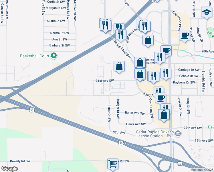 map of restaurants, bars, coffee shops, grocery stores, and more near 4130 33rd Avenue Southwest in Cedar Rapids