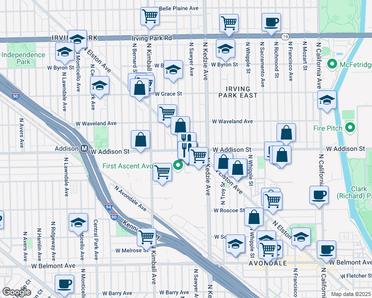 map of restaurants, bars, coffee shops, grocery stores, and more near 3248 West Addison Street in Chicago