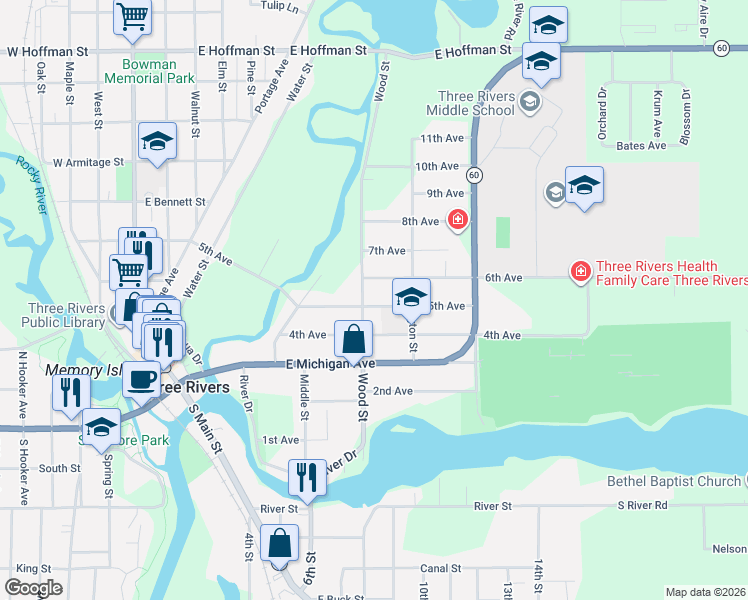 map of restaurants, bars, coffee shops, grocery stores, and more near 306 4th Avenue in Three Rivers