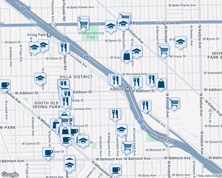 map of restaurants, bars, coffee shops, grocery stores, and more near 3736 West Eddy Street in Chicago