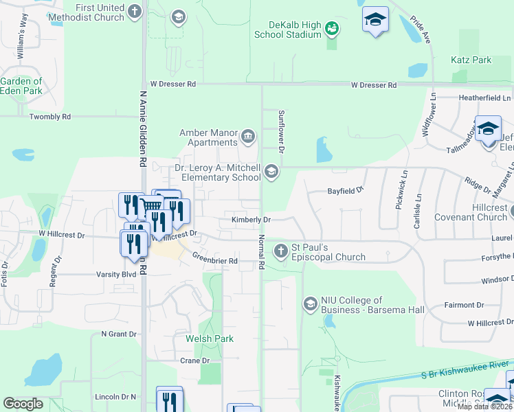 map of restaurants, bars, coffee shops, grocery stores, and more near 1012 Normal Road in DeKalb