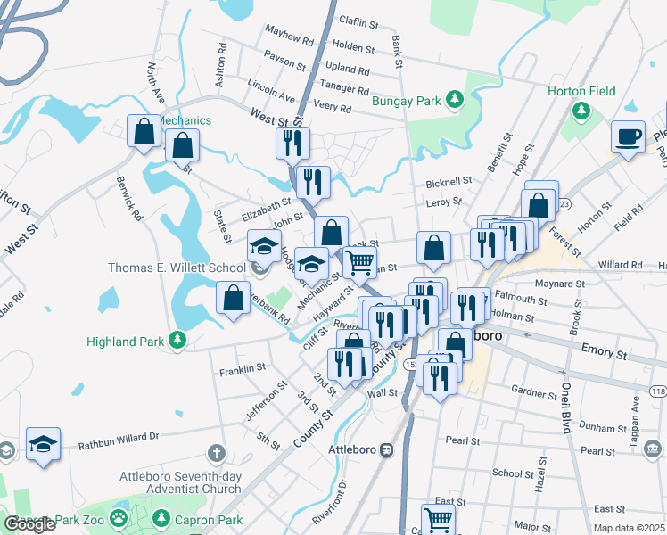 map of restaurants, bars, coffee shops, grocery stores, and more near 11 Hayward Street in Attleboro