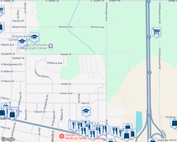 map of restaurants, bars, coffee shops, grocery stores, and more near 175 North Michigan Avenue in Coldwater