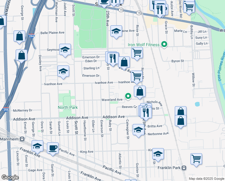 map of restaurants, bars, coffee shops, grocery stores, and more near 3719 25th Avenue in Schiller Park