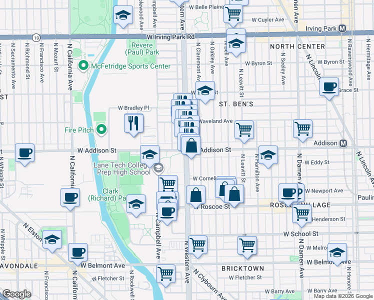 map of restaurants, bars, coffee shops, grocery stores, and more near N Western Ave & W Addison St in Chicago
