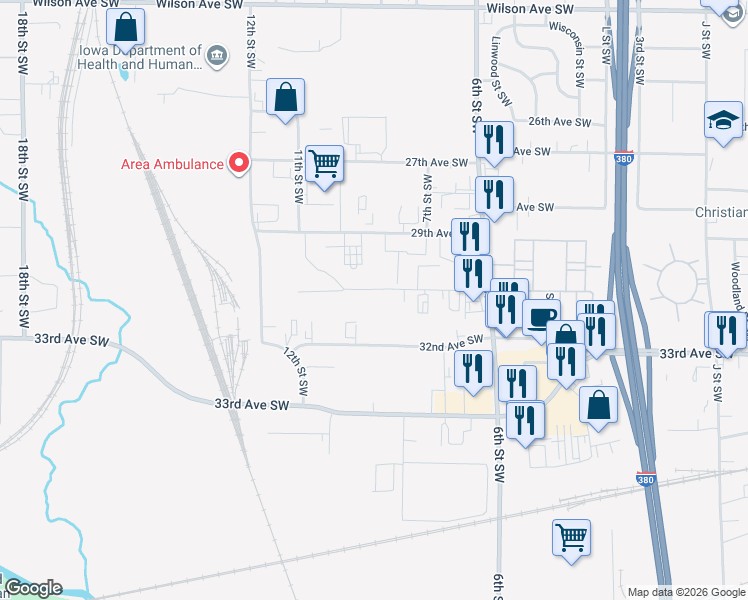 map of restaurants, bars, coffee shops, grocery stores, and more near 845 31st Avenue Southwest in Cedar Rapids
