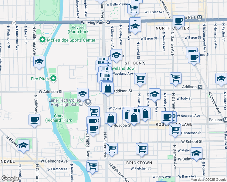 map of restaurants, bars, coffee shops, grocery stores, and more near W Addison St & N Claremont Ave in Chicago