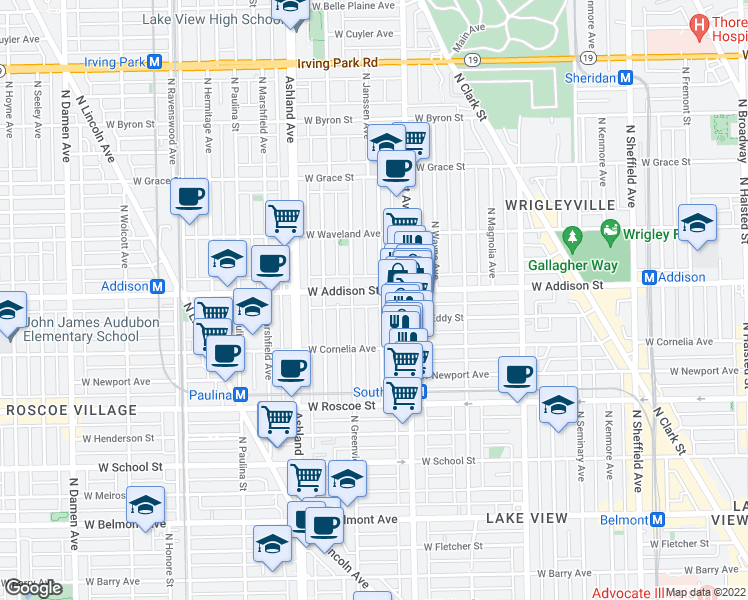 map of restaurants, bars, coffee shops, grocery stores, and more near 3525 North Greenview Avenue in Chicago