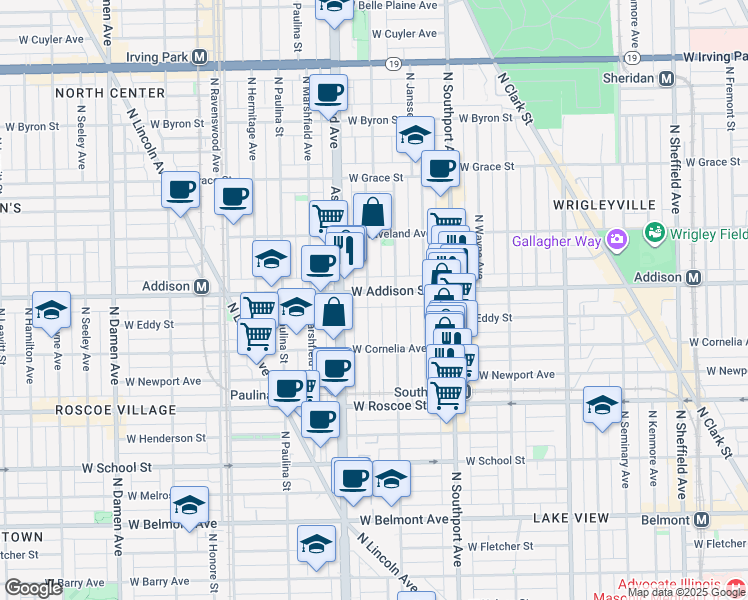 map of restaurants, bars, coffee shops, grocery stores, and more near 1523 West Addison Street in Chicago
