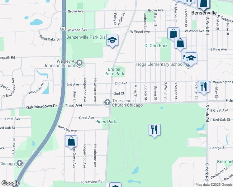 map of restaurants, bars, coffee shops, grocery stores, and more near 850 2nd Court in Bensenville
