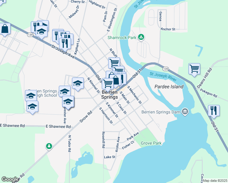 map of restaurants, bars, coffee shops, grocery stores, and more near 113 West Ferry Street in Oronoko charter Township