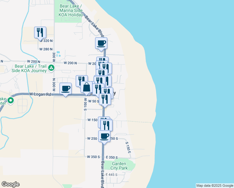 map of restaurants, bars, coffee shops, grocery stores, and more near 101 East 75 North in Garden City