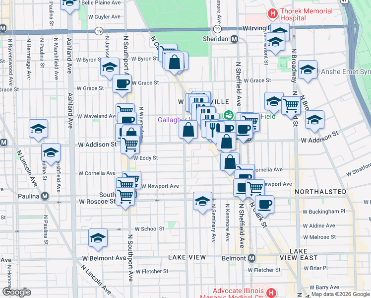 map of restaurants, bars, coffee shops, grocery stores, and more near 1136 West Addison Street in Chicago