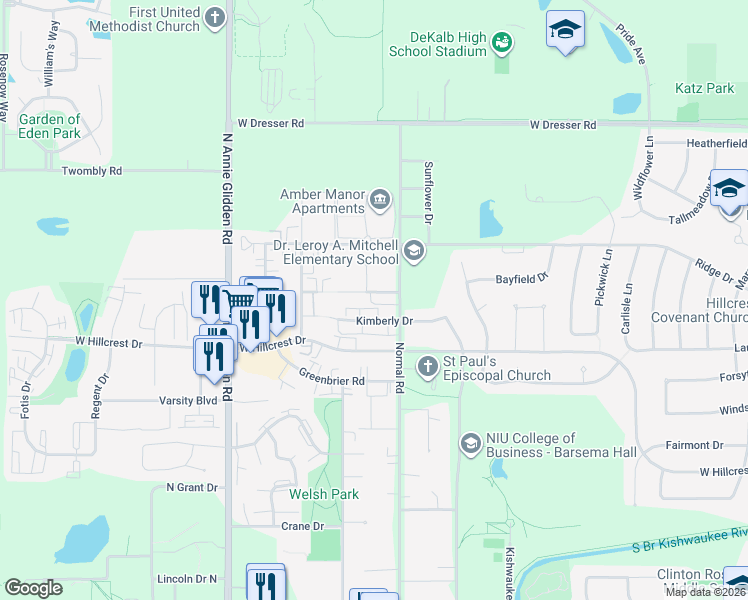 map of restaurants, bars, coffee shops, grocery stores, and more near 822 Edgebrook Drive in DeKalb