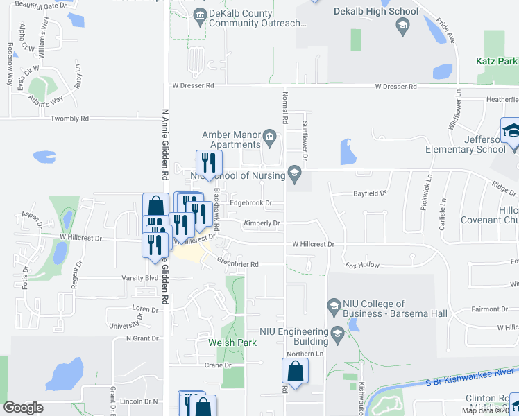 map of restaurants, bars, coffee shops, grocery stores, and more near 830 Edgebrook Drive in DeKalb
