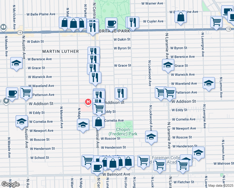 map of restaurants, bars, coffee shops, grocery stores, and more near 3654 North Lotus Avenue in Chicago