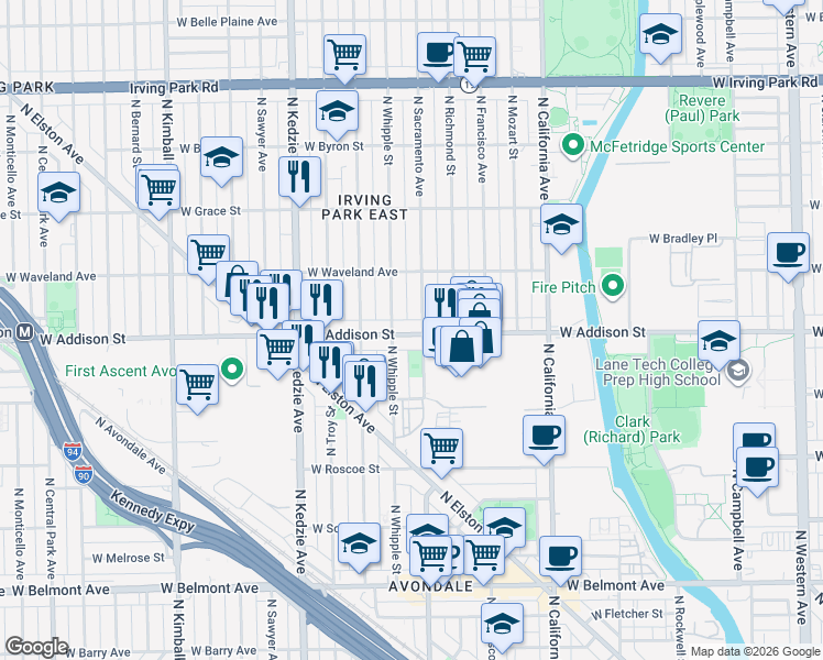 map of restaurants, bars, coffee shops, grocery stores, and more near 3010 West Addison Street in Chicago