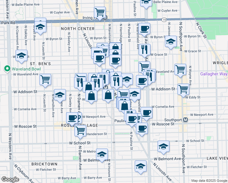 map of restaurants, bars, coffee shops, grocery stores, and more near North Lincoln Avenue in Chicago